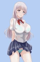 big_breasts blush bra breasts clothed d4dj izumo_saki long_hair mokocchi_(susanootransam) panties school_uniform schoolgirl sweatdrop thighs translucent_clothing underwear upskirt wet wet_clothes