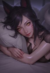 1girls ahri ai_generated big_breasts black_hair breasts close-up hugging_pillow in_bed large_breasts league_of_legends lingerie lips looking_at_viewer nai_diffusion night realistic riot_games shiny_skin slit_pupils solo_focus stable_diffusion vastaya whisker_markings yellow_eyes