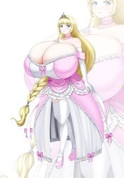 arm_gloves bangs blonde_hair blue_eyes blush braid braided_hair breasts breasts_bigger_than_head choker cleavage clothed clothing dress gigantic_breasts hand_on_own_chest huge_breasts long_hair massive_breasts original original_character pink_dress shoes simple_background skindentation someone_else's_oc thighhighs tiara timaeus white_background