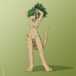 2010 breasts female fur green_eyes green_hair looking_back mammal marsupial nateday navel nipples nude pussy raised_arm solo standing striped_tail stripes tail talia_(kepora) thylacine