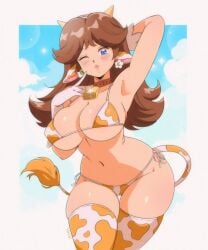 1girls animal_ears animal_print arm_behind_head armpits bell bikini blue_eyes blue_sky blush border breasts brown_hair cleavage collar commentary cow_ears cow_girl cow_print cow_print_bikini cow_print_thighhighs cow_tail cowboy_shot finger_to_cheek gloves highres horns large_breasts long_hair looking_at_viewer mario_(series) navel neck_bell nintendo one_eye_closed orange_bikini orange_thighhighs outside_border parted_lips princess_daisy print_bikini print_thighhighs red_collar side-tie_bikini_bottom sky solo standing stomach swimsuit tail thighhighs vizaz white_border white_gloves wink winking_at_viewer