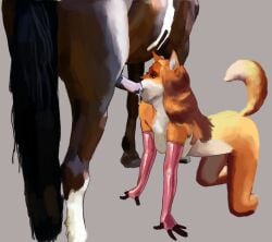 all_fours anthro bodily_fluids breasts canid canine cleavage clothed clothing cum duo equid equine fellatio female feral fox genital_fluids gloves handwear hornyfoxjade horse latex latex_clothing latex_gloves latex_handwear male male/female mammal oral penile sex zoophilia