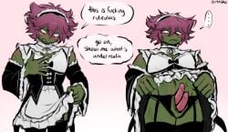 blush crossdressing gay hemipenes lifting_skirt lingerie lingerie_panties maid_uniform pink_hair scalie shigaraki_tomura shuichi_iguchi spinner_(my_hero_academia) tomura_shigaraki white_hair yaoi