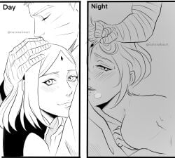 1boy 1girls ambiguous_penetration bandaged_arm before_and_after blush boruto:_naruto_next_generations breasts cheating cheating_husband cheating_wife cleavage cuddling duo_focus embarrassed embrace female hair_grab hair_pull half-closed_eyes hugging implied_penetration implied_sex kissing kissing_head long_hair looking_at_viewer lying_on_bed lying_on_stomach male mature mature_female meme milf moaning monochrome narusakuart naruto naruto_(series) netorare ntr romantic romantic_couple rough_sex sakura_haruno short_hair smile sometimes_like_this_also_like_that split_screen upper_body uzumaki_naruto