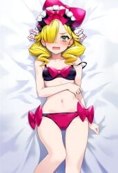 1girls ai_generated blonde_hair blue_eyes bow bra cameltoe drill_hair embarrassed fire_emblem fire_emblem_engage looking_at_viewer marni_(fire_emblem) navel nintendo novelai on_back on_bed one_eye_covered open_mouth panties red_bow self_upload wavy_mouth yellow_hair