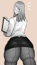 1girls absurdres ass black_pantyhose black_skirt blush emma_(nikke) emma_(office_therapy)_(nikke) from_behind fukamichi_ran'ou glasses goddess_of_victory:_nikke greyscale grin holding_object long_hair looking_at_viewer monochrome office_lady pantyhose pencil_skirt simple_background skirt smile solo solo_female teeth voluptuous white_shirt