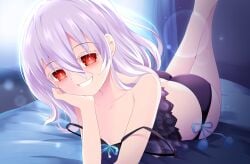 2d 2d_(artwork) ass bed bedroom breasts date_a_live himekawa_yoshino light-skinned_female lingerie looking_at_viewer medium_hair night panties red_eyes small_breasts solo solo_female solo_focus thighs variant_set white_hair