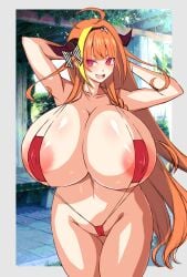 1girls ahoge areolae arms_behind_head arms_up bikini blush braid breasts breasts_bigger_than_head cilica erect_nipples_under_clothes eyepatch_bikini female female_only gigantic_breasts hair_ribbon hololive horns huge_breasts kiryu_coco light-skinned_female light_skin long_hair looking_at_viewer navel nipple_bulge open_mouth orange_hair partially_visible_vulva red_eyes sling_bikini smile solo swimsuit thick_thighs virtual_youtuber