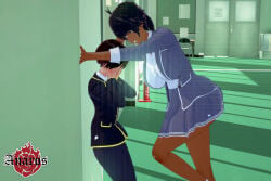 1boy 1girl anaros big_breasts blushing classroom dark-skinned_female elm_ederne hallway hiding_face high intimidation koikatsu oscar_pine rwby school_uniform schoolgirl short_hair short_male skirt student tall_female taller_female