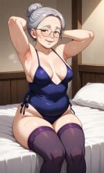 ai_generated armpit_fetish armpits arms_up brown_eyes cosplay gilf gray_hair hair_bun mature mature_female mature_woman stockings sweat sweatdrop sweaty sweaty_armpits wrinkles