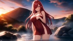 ai_generated bare_shoulders blush brown_eyes cleavage cloudy_sky collarbone erza_scarlet fairy_tail female hair_over_one_eye half-closed_eyes large_breasts long_hair looking_at_viewer naked_towel nude_cover onsen parted_lips red_hair rock sidelocks smile snazzdaz snazzle solo_focus stable_diffusion steam sunset thighs towel wading water watermark wet