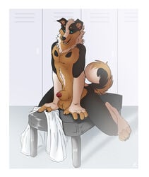 1boy canine ear_piercing earring locker_room male male_only nude piercing sheath solo straydog