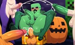 ai_generated block creeper cum cum_in_ass feet fishnets futa_on_futa futanari jack-o'-lantern minecraft multiple_futa