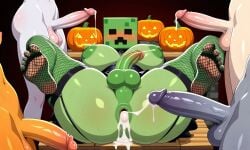 ai_generated block creeper cum cum_in_ass feet fishnets futa_on_futa futanari jack-o'-lantern minecraft multiple_futa