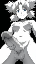 1futa ai_generated big_penis blue_eyes futanari looking_at_viewer masturbation medium_breasts monochrome naruto naruto_shippuden temari