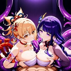 ai_generated bandage blonde_hair blowjob boobjob cum cum_on_breasts fellatio genshin_impact long_hair paizuri purple_eyes purple_hair raiden_shogun restrained sarashi tentacle titjob yellow_eyes yoimiya_(genshin_impact)