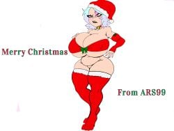 ars99 bell big_breasts bikini bow christmas christmas_clothing christmas_outfit chubby chubby_female emberlynn_pinkle helluva_boss santa_hat simple_background thick_thighs white_background