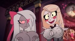 2girls charlie_morningstar_(hazbin_hotel) charlie_morningstar_(pilot) hazbin_hotel huge_breasts screenshot screenshot_edit third-party_edit vaggie_(hazbin_hotel)