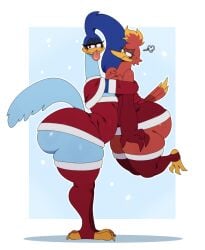 2024 annoyed anthro armwear ass ass avian banjo-kazooie beak bear big_ass big_breasts big_butt bird blue_body blue_feathers blush bodily_fluids breasts breegull christmas clothed clothing cuculiform duo elbow_gloves feathers female female/female footwear fur glistening glistening_body glistening_eyes gloves green_eyes handwear hi_res holidays huge_ass huge_butt kazooie legwear looking_at_viewer looney_tunes mammal new_world_ground_cuckoo rareware red_body red_eyes red_feathers road_runner_(looney_tunes) roadrunner shaded simple_background smile sssonic2 stockings sweat sweatdrop tongue tongue_out warner_brothers