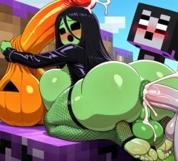 ai_generated block creeper cum cum_in_ass feet fishnets futa_on_futa futanari jack-o'-lantern minecraft multiple_futa