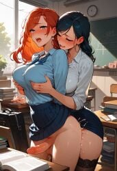 2futas age_difference ai_generated blue_hair classroom desk from_behind futa_on_futa futa_with_futa futanari grabbing_breasts orange_hair school_uniform schoolgirl teacher teacher_and_student teacher_outfit