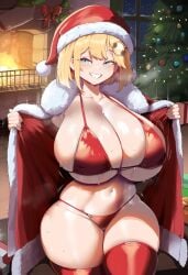 ai_generated ameanon big_breasts bikini blonde_hair blue_eyes breasts christmas cleavage hololive hololive_english hololive_myth huge_breasts large_breasts red_bikini red_thighhighs sideboob skindentation smile thick_thighs thighhighs underboob virtual_youtuber vtuber watson_amelia wide_hips