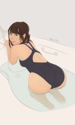 asian asian_female ass ass ass_focus bath bathtub butt_focus cute deviantart in_bathtub looking_back nonhovoglia original_character skinny_waist slim_thick smiling swimsuit thick_thighs