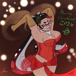 1girls big_breasts breasts busty callie_(splatoon) christmas christmas_outfit cleavage clothing corset female female_only gloves large_breasts lipstick long_gloves long_hair looking_at_viewer oh_gosh_levi opera_gloves revealing_clothes solo splatoon squid_sisters