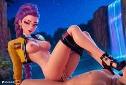 1boy 1boy1girl 1girls ai_generated black_footwear braid braided_ponytail breasts brown_eyes clothes_pull cowgirl_position cropped_jacket cum cum_in_pussy earrings facial_mark female hi_res high_heels jacket jewelry kpop_demon_hunters long_hair looking_at_viewer male medium_breasts necklace netflix night nipples nude open_clothes open_jacket open_mouth outdoors penis purple_hair pussy rule34lab rumi_(kpop_demon_hunters) sex shorts shorts_pull sky star_(sky) straight uncensored vaginal_penetration vaginal_sex water yellow_jacket