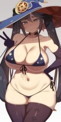 1girls black_hair breasts female female_only genshin_impact hat huge_breasts large_breasts large_hat light-skinned_female light_skin long_hair mona_(genshin_impact) samegami thick_thighs twintails wide_hips witch_hat