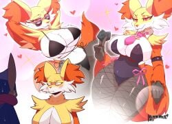 1girls anthro big_breasts blush bunnemilk bunnysuit condom delphox disgusted_expression embarrassed female furry furry_only generation_6_pokemon greninja holding_condom mind_reading pokemon pokemon_(species) pokemon_xy sunglasses sweating swimsuit tagme thick_thighs