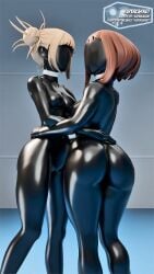 2girls 3d 3d_(artwork) artist_logo artist_name ass barefoot big_ass black_skin blonde_hair brainwashed breasts brown_hair cameltoe collar corruption digital_media_(artwork) drone dronification embrace exhibitionism faceless faceless_female female female_only hi_res himiko_toga hypnosis latex latex_bodysuit latex_skin medium_breasts my_hero_academia ochako_uraraka shounen_jump simple_background supercasket thighs uncensored visible_nipples yuri