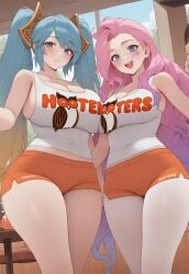 2girls ai_generated big_breasts blue_eyes blue_hair blush breasts hair_ornament hooters hooters_uniform huge_breasts large_breasts league_of_legends looking_at_viewer nai_diffusion orange_shorts pantyhose pink_hair riot_games seraphine_(league_of_legends) smile sona_buvelle stable_diffusion star_facial_mark thick_thighs thighs white_shirt