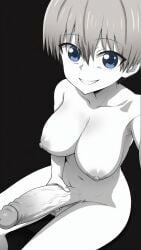 1futa ai_generated big_breasts big_penis blue_eyes futanari looking_at_viewer monochrome uzaki-chan_wa_asobitai! uzaki_hana