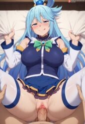 1boy 1girls ai_generated airiakane aqua_(konosuba) balls bare_thighs big_balls big_breasts big_penis blue_eyes blue_hair blush goddess huge_balls huge_breasts huge_cock huge_thighs kono_subarashii_sekai_ni_shukufuku_wo! light-skinned_female light-skinned_male light_skin long_hair looking_at_viewer massive_breasts missionary_position muscular_male nai_diffusion nude nude_male penis sex smiling squatting stockings sweat sweatdrop thick_body thick_female thick_thighs thighhighs thighs tongue_in_mouth vaginal_penetration veiny_penis voluptuous voluptuous_female