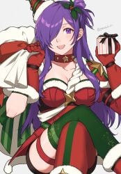 1girls :d asymmetrical_legwear bag box choker christmas cleavage collarbone crossed_legs dress feet_out_of_frame fire_emblem fire_emblem:_three_houses fire_emblem_heroes fire_emblem_warriors:_three_hopes gift gift_box green_thighhighs grey_background hair_over_one_eye hands_up highres holding holding_bag holding_box large_breasts long_hair looking_at_viewer mismatched_legwear nintendo official_alternate_costume open_mouth purple_eyes purple_hair red_choker red_dress red_thighhighs santa_costume shamu_(peach11_01) shez_(female)_(fire_emblem) shez_(female)_(snowfield_envoy)_(fire_emblem) shez_(fire_emblem) simple_background sitting smile solo thigh_strap thighhighs thighs very_long_hair