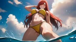 ai_generated ass_visible_through_thighs bikini blush bracelet brown_eyes cleavage cloudy_sky collarbone erza_scarlet fairy_tail female from_below grin hair_over_one_eye large_breasts long_hair looking_at_viewer midriff navel ocean outdoors parted_lips partially_underwater_shot red_hair sidelocks smile snazzdaz snazzle solo_focus splashing stable_diffusion striped_bikini striped_clothes submerged teeth wading watermark wet yellow_bikini