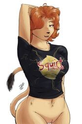 anthro bottomless feline female fur furry jerinov lemon lion pussy raised_arm red_hair shirt solo wide_hips