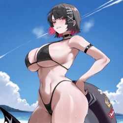 1girl 1girls ai_generated arm_strap armband beach bikini black_bikini black_hair blue_sky blush breasts cloud day ellen_joe female hair_ornament hand_on_hip highleg highleg_bikini looking_at_viewer multicolored_hair nail_polish navel ocean outdoors red_eyes red_hair short_hair sky solo string_bikini sweat swimsuit teeth truck-kun_art truck_kun water zenless_zone_zero