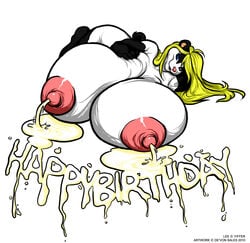 2010 blonde_hair blue_eyes breasts deonwolf female hair happy_birthday hyper hyper_breasts lactation lee long_hair mammal milk panda pink_nose white_background