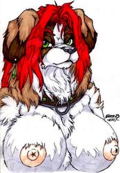 breasts bust canine collar female fenrir_lunaris green_eyes looking_at_viewer nipples red_hair solo st_bernard