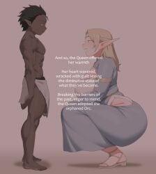 1boy 1girls 2024 2d [sora]_buranku adopted adopted_son adoptive_mother black_hair blonde_hair blush dark-skinned_male dark_skin elf elf_ears elf_female elf_girl elf_queen_elise_(soraoraora) fantasy female kneeling light-skinned_female light_skin looking_at_another male maledom_caption mother_and_son muscular_male narration older_female older_woman_and_younger_boy orc orc_male orphan ozen_(soraoraora) parent_and_child pointy_ears queen smile soraoraora tagme talking young younger_male