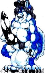 1boy 2008 balls black_penis blue canine digitigrade fenrir_lunaris hat hindpaw husky hyper hyper_balls hyper_penis knot looking_at_viewer male male_only nipples penis piercing solo what