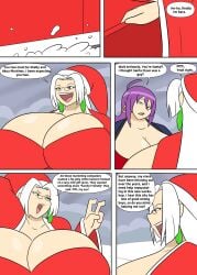 akua_(igphhangout) breasts_bigger_than_head christmas huge_breasts humongous_breasts igphhangout massive_breasts older_female outdoors purple_hair santa_claus santa_costume shelly_(igphhangout) sleigh snow snowing text text_bubble white_hair