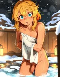 1boy ai_generated bath blonde_hair blue_eyes bridget femboy foreskin guilty_gear nude outdoor_bath outdoor_bathing penis self_upload shivering short_hair snow solo suprised towel water wet_body