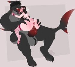 1boy 1girls ajax_(sharkajax) anthro anus ass ass_grab ball_tuft balls big_ass big_balls big_penis bigger_male black_body black_hair blush diphallia diphallism double_vaginal female fishnet_stockings fishnets hair_between_eyes hi_res hooves long_hair looking_back male marine muscles muscular muscular_male nada_(nadacheruu) nadacheruulewd nude nude_female nude_male penetration penis pink_body shark sharp_teeth sitting sitting_on_lap sitting_on_penis size_difference smaller_female spiked_penis suina sus_(pig) tail thick_ass thick_thighs tongue_out vaginal_penetration