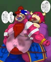 5:6 alythewolfcat anthro aoi_hikawa armadillo bandage belly big_belly big_breasts body_hair breasts bruised chest_hair duo female hair hi_res highlights_(coloring) huge_belly huge_breasts hybrid hyper hyper_breasts ice_bag japanese_text jewelry koopa lips magenta_hair makeup male male/female mammal mario_(series) mouthguard muscular muscular_male necklace nintendo nipple_piercing nipple_ring nipples orange_highlights piercing pink_body pink_skin purple_body purple_scales ring_piercing scales scalie suid suine sumo_wrestler text thick_lips tied_hair tusks xenarthran yajima_kuzumi