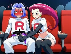 afraid ai_generated bulge cinema female femdom indoor james_(pokemon) jessie_(pokemon) masturbation pokemon pokemon_(anime) pokemon_(classic_anime) pokemon_anime pokemon_character public public_exposure red_faced team_rocket teasing trembling unbuckled_belt unbuckled_pants