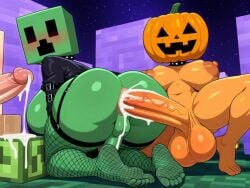 ai_generated block creeper cum cum_in_ass feet fishnets futa_on_futa futanari jack-o'-lantern minecraft multiple_futa