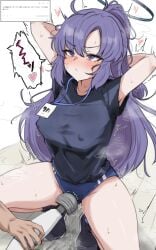 1boy arms_behind_head black_footwear black_halo black_shirt blue_archive blue_buruma blush breasts buruma closed_mouth covered_nipples female gym_uniform hair_between_eyes halo highres hitachi_magic_wand large_breasts long_hair machismo_fuji purple_eyes purple_hair pussy_juice pussy_juice_drip_through_clothes sex_toy shirt short_sleeves solo_focus speech_bubble squatting sweat translation_request vibrator white_background yuuka_(blue_archive) yuuka_(track)_(blue_archive)